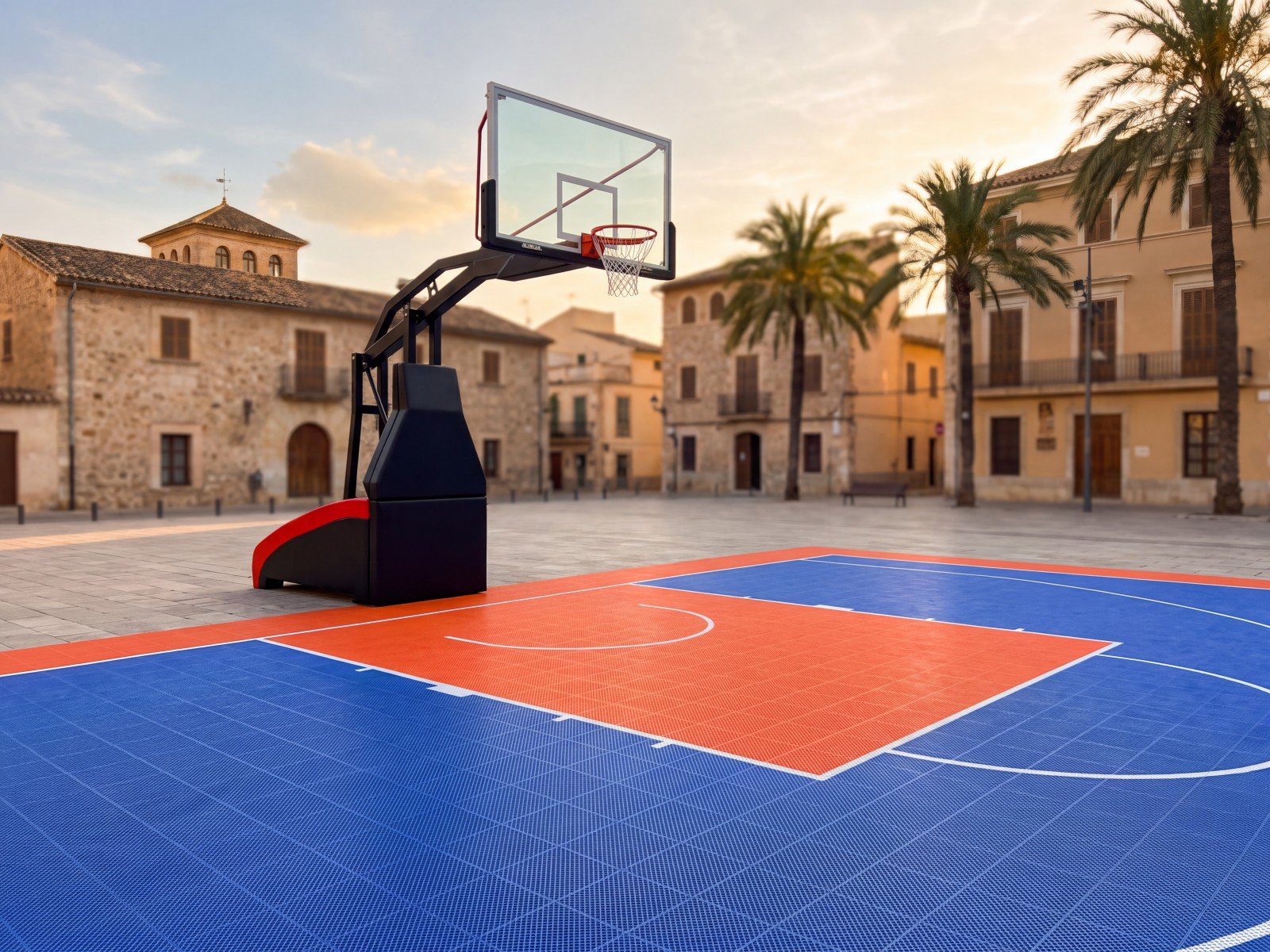 Pista de baloncesto 3x3 exterior de suelo modular azul y naranja en una plaza