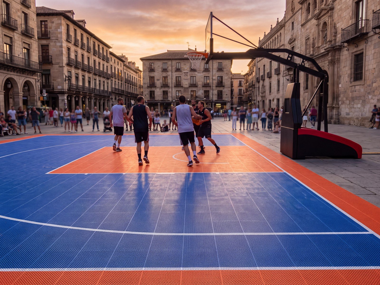 Torneo de baloncesto 3x3 en una pista desmontable Bounce montada en una plaza