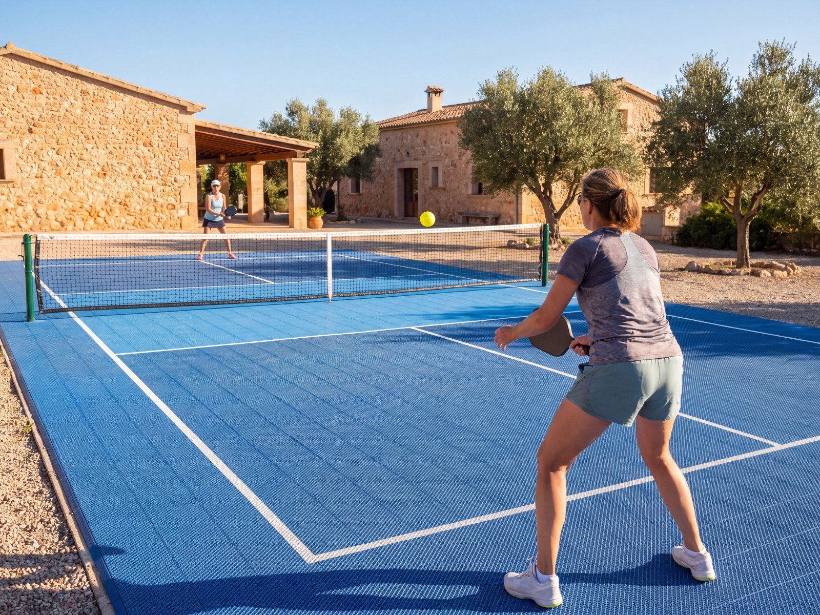 Pista de pickleball exterior con suelo modular azul y jugadora en pleno partido