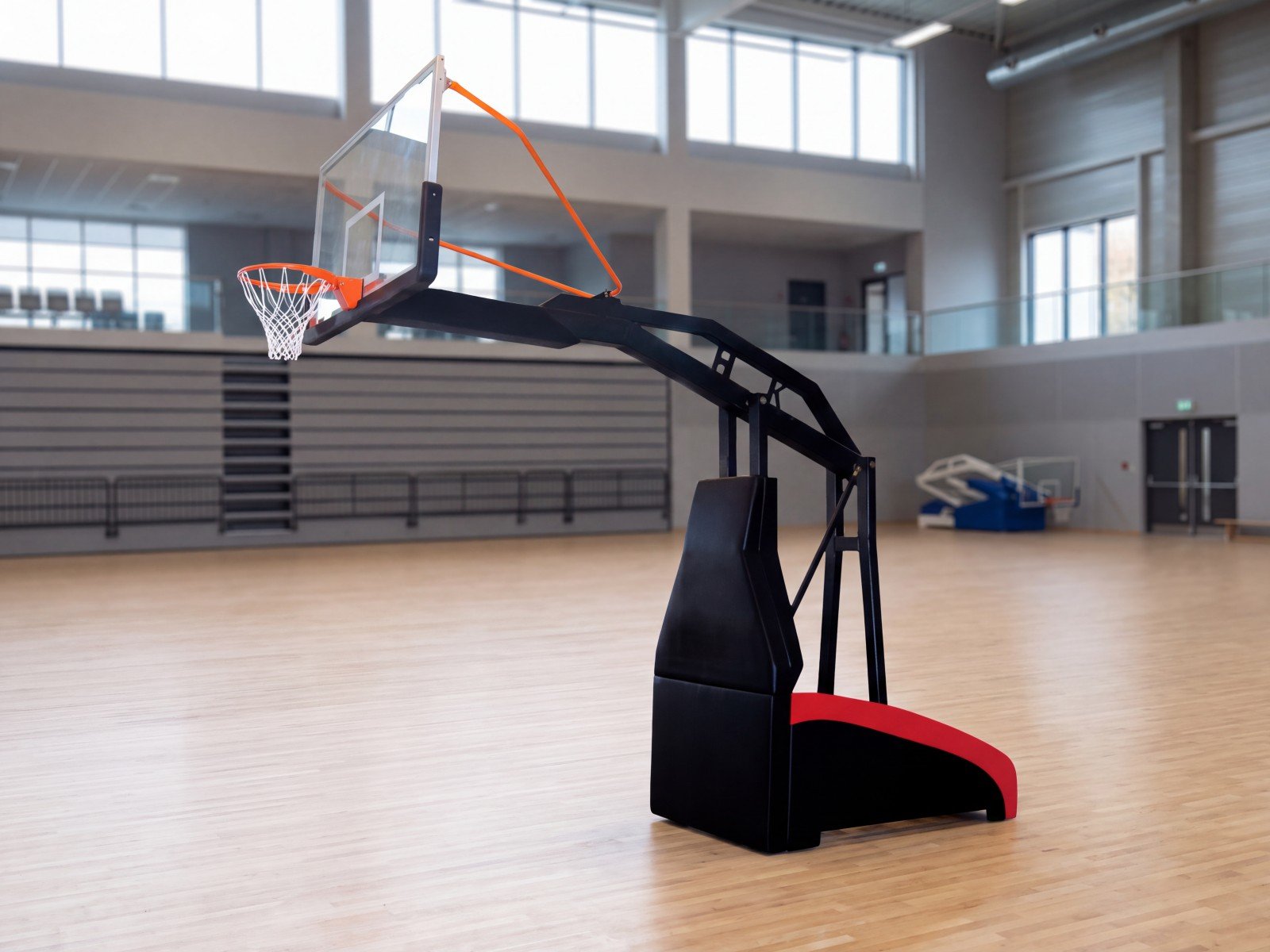 Canasta de baloncesto portátil Bounce sobre parquet en un pabellón