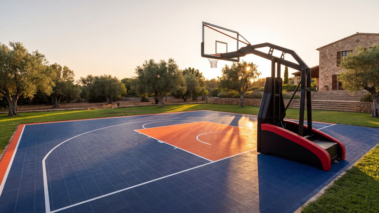 Pista de baloncesto exterior de suelo modular en el jardín de una casa particular