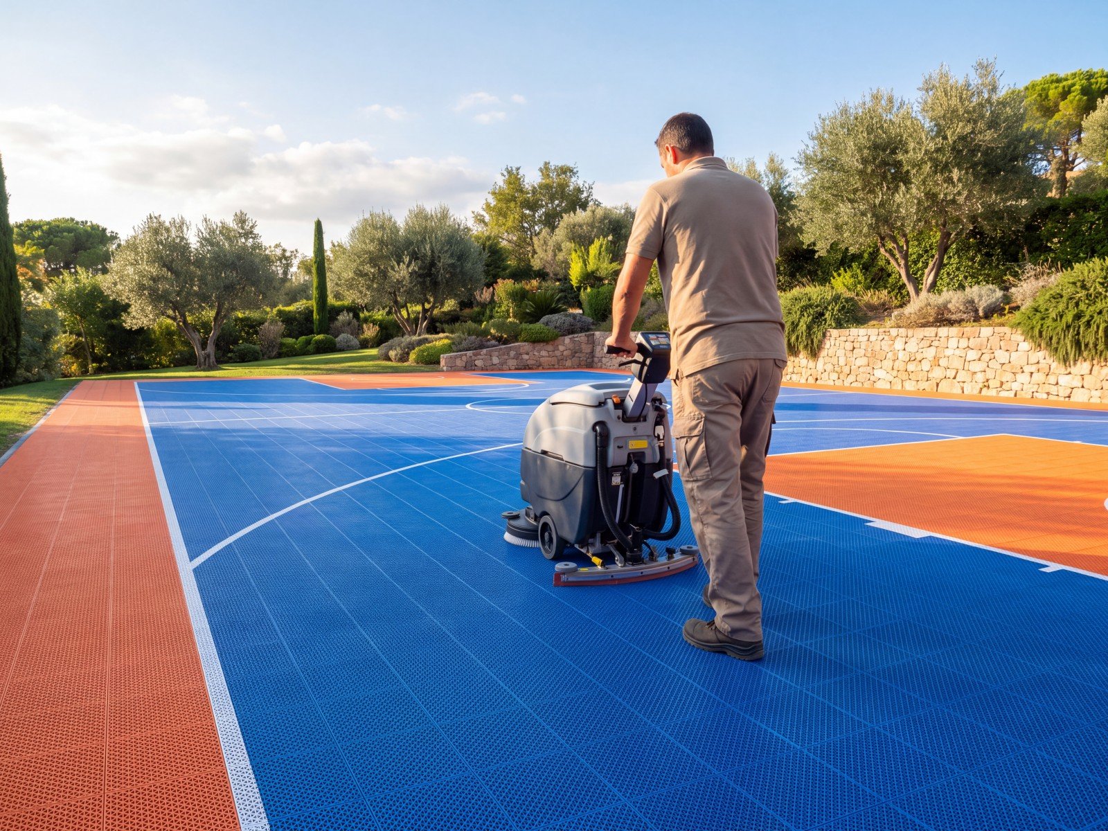 Técnico de Bounce limpiando una pista de suelo modular con máquina profesional