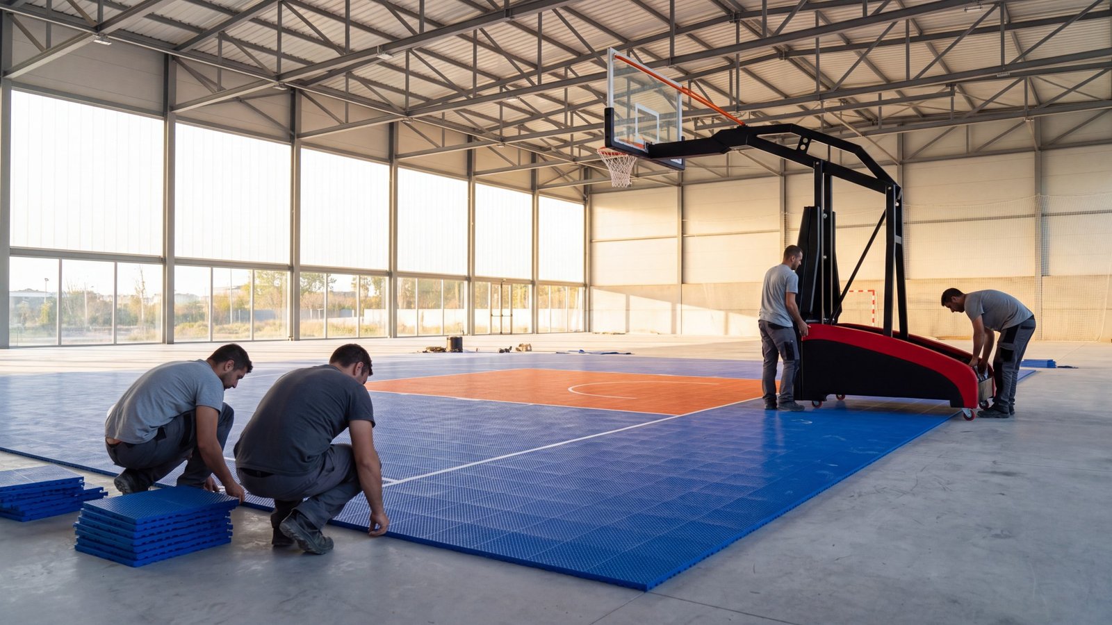 Equipo de Bounce instalando una pista de baloncesto en un pabellón