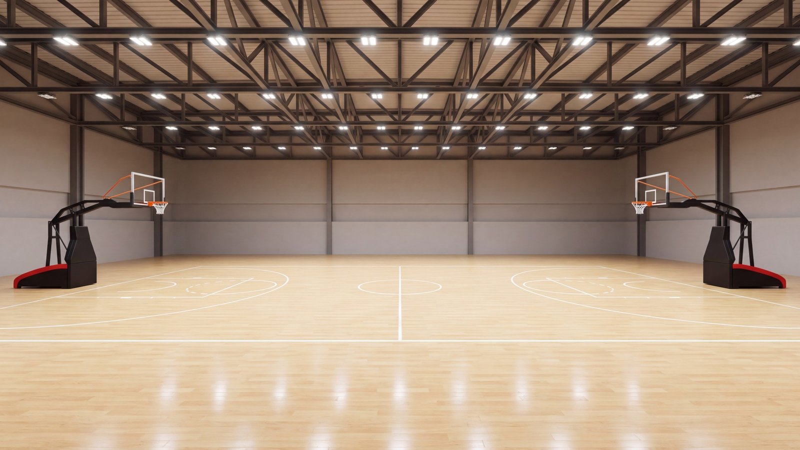 Pabellón deportivo con iluminación LED uniforme sobre la pista de parquet