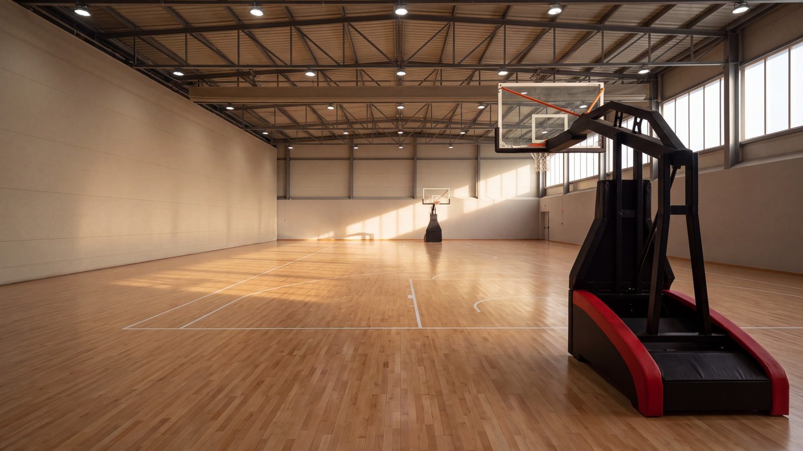 Pista de baloncesto interior con parquet de haya y canastas portátiles Bounce en un pabellón