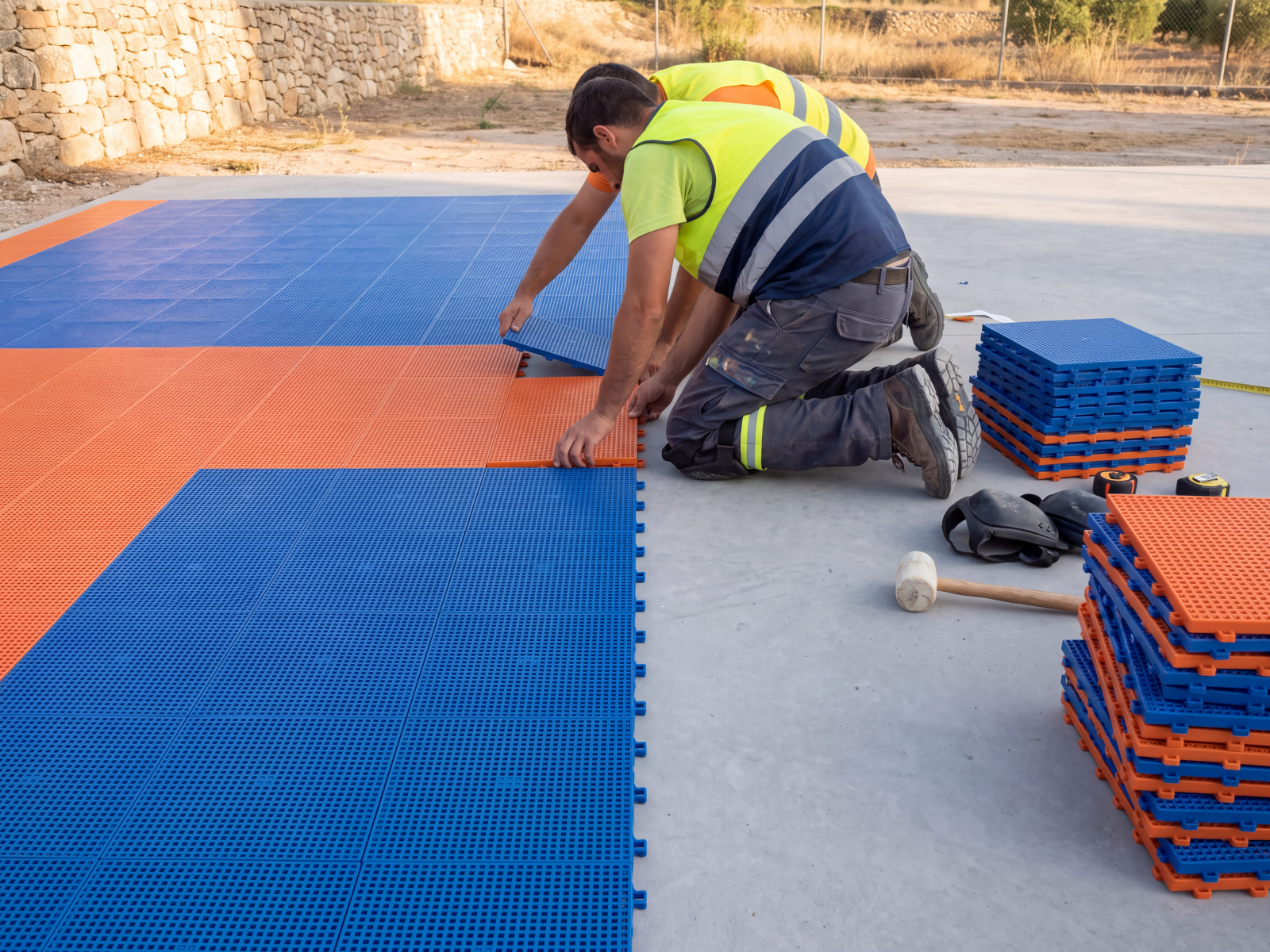 Instalador de Bounce encajando las losetas del suelo modular en una pista exterior